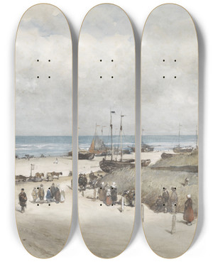 Triptych art skateboard deck of Johannes Bosboom The Beach At Scheveningen by Johannes Bosboom (1817-1891)