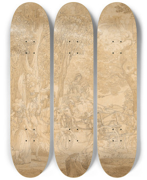 Triptych art skateboard deck of Jean Michel Moreau The Younger Outing In A Wood by Jean Michel Moreau The Younger (1741-1814)