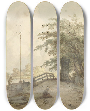 Triptych art skateboard deck of Jan Hulswit Landschap Met Bruggetje En Huis Aan Weg Langs Een Water by Jan Hulswit (1766-1822)