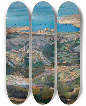 Triptych art skateboard deck of Menci Clement Crni A View Of Plase On The Adriatic Coast by Menci Clement Crncic (1865-1930)