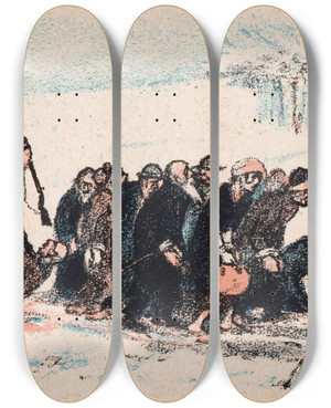 Triptych art skateboard deck of Mihly Bir Groep Mensen Wordt Door Soldaten Gewelddadig Weggeleid by Mihaly Biro (1886-1949)