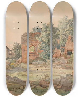 Triptych art skateboard deck of Thomas Ender Ruine Der Burg Muran In Der Slowakei by Thomas Ender (1793-1875)
