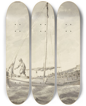 Triptych art skateboard deck of Abraham Storck Drei Boote Bei Bewegtem Meere Segelnd by Abraham Storck (1644-1708)