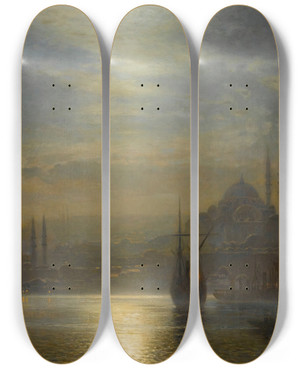 Triptych art skateboard deck of Ernest Karl Eugen Koerner Night Viewover The Bosphorus by Ernst Karl Eugen Koerner (1846-1927)