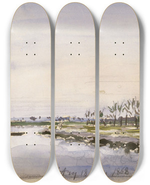 Triptych art skateboard deck of Johan Barthold Jongkind Bords De Rivire by Johan Barthold Jongkind (1819-1891)