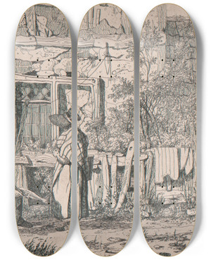 Triptych art skateboard deck of Joseph Stannard Exterior Of A Cottage With A Woman In A Poke Bonnet by Joseph Stannard (1797-1830)