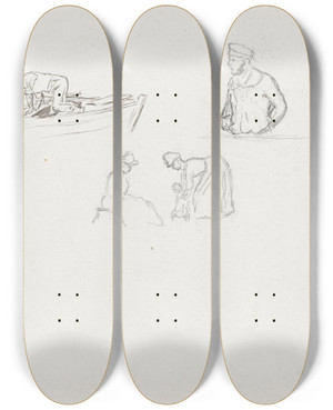 Triptych art skateboard deck of Hans Gude Figurstudier Rgen by Hans Gude (1825-1903)