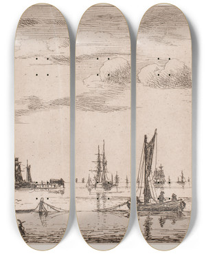 Triptych art skateboard deck of Anton Melbye Ships And Boats In Calm Weather By The Coast by Anton Melbye (1818-1875)