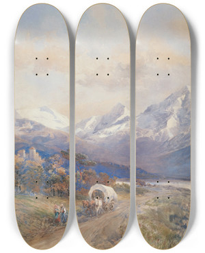 Triptych art skateboard deck of Edward Theodore Compton Blick Auf Den Ortler Von St Valentin by Edward Theodore Compton (1849-1921)