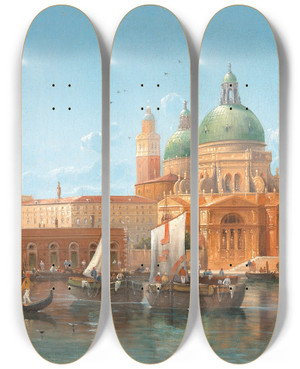 Triptych art skateboard deck of Karl Kaufmann Venice A View Of The Punta Della Dogana by Karl Kaufmann (1843-1905)