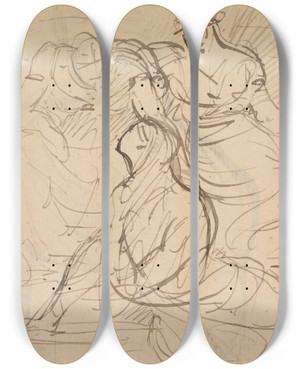 Triptych art skateboard deck of Benjamin Robert Haydon Figure Study Of Women In Various Sitting And Standing Poses by Benjamin Robert Haydon (1786-1846)