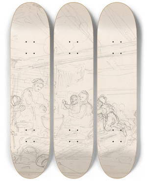 Triptych art skateboard deck of Adolph Tidemand Evening In A Smoking Room by Adolph Tidemand (1814-1876)