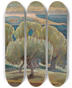 Triptych art skateboard deck of Konstantinos Maleas Olive Trees Mytilini by Konstantinos Maleas (1879-1928)