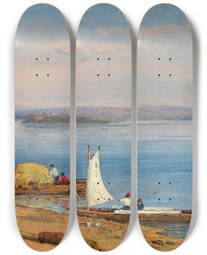 Triptych art skateboard deck of Carl Morgenstern A View Of Rdesheim Am Rhein by Carl Morgenstern (1811-1893)