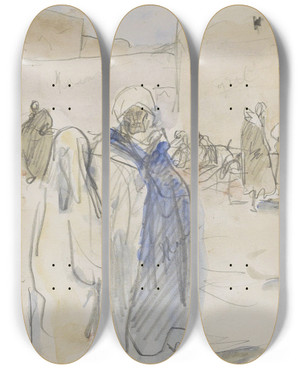 Triptych art skateboard deck of Marius Bauer Straat Met Figuren Bij Een Huis by Marius Bauer (1867-1932)
