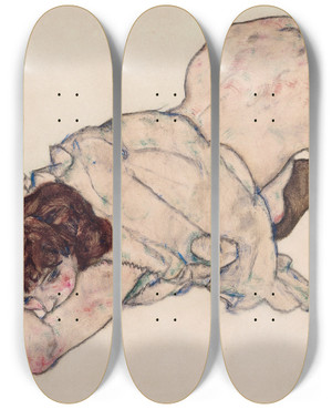 Triptych art skateboard deck of Egon Schiele Kneeling Girl Resting On Both Elbows by Egon Schiele (1890-1918)
