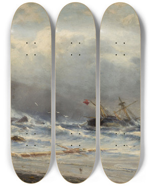 Triptych art skateboard deck of Alexey Petrovich Bogolyubov Rough Sea by Alexey Petrovich Bogolyubov (1824-1896)