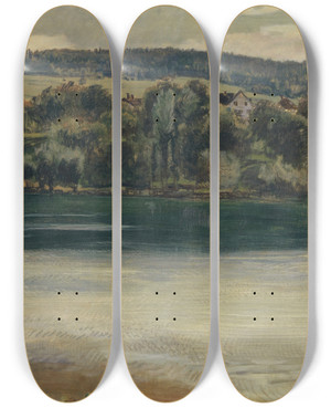 Triptych art skateboard deck of Hans Sandreuter The Rhine Near Stein Rhineshore At Dusk by Hans Sandreuter (1850-1901)
