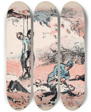 Triptych art skateboard deck of Mihly Bir Moord En Verhangingen Door Soldaten by Mihaly Biro (1886-1949)