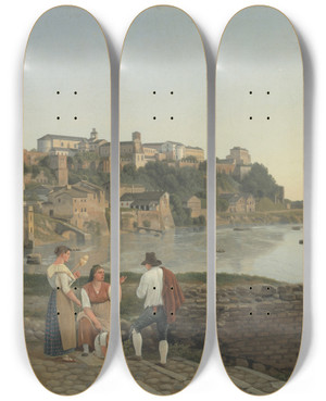 Triptych art skateboard deck of Christoffer Wilhelm Eckersberg View Of The Tiber Towards The Aventin Hill In Rome by Christoffer Wilhelm Eckersberg (1783-1853)