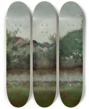Triptych art skateboard deck of John Henry Twachtman Landscape With Cottages by John Henry Twachtman (1853-1902)