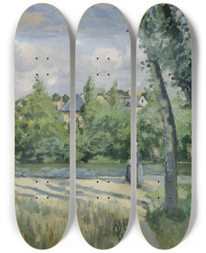 Triptych art skateboard deck of Camille Pissarro Sunlight On The Road Pontoise by Camille Pissarro (1830-1903)