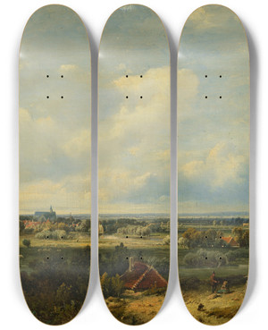Triptych art skateboard deck of Pieter Lodewijk Francisco Kluyver Extensive Landscape With A Church In The Distance by Pieter Lodewijk Francisco Kluyver (1816-1900)