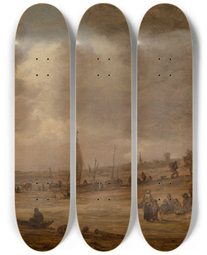 Triptych art skateboard deck of Jan Van Goyen A Beach With Fishing Boats by Jan Van Goyen (1596-1656)