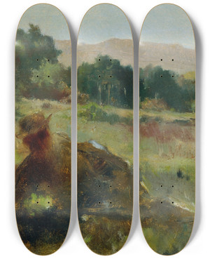 Triptych art skateboard deck of Johann Till The Younger Landschaft Mit Jger Und Hund by Johann Till the younger (1827-1894)