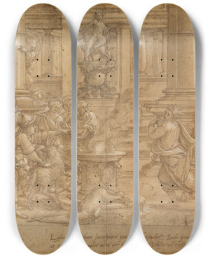 Triptych art skateboard deck of Pieter Coecke Van Aelst The Sacrifice At Lystra by Pieter Coecke Van Aelst (1502-1550)