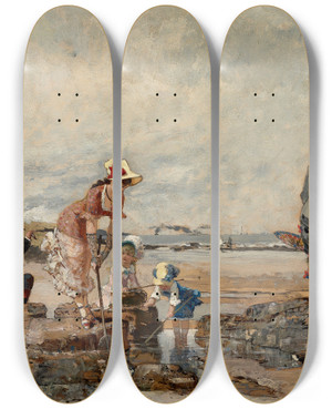 Triptych art skateboard deck of Luigi Loir At The Seashore by Loir Luigi (1845-1916)