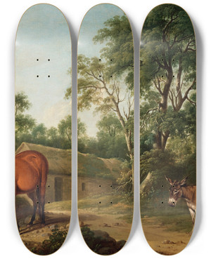 Triptych art skateboard deck of Thomas Roberts A Bay Horse And Two Donkeys by Thomas Roberts (1685-1714)