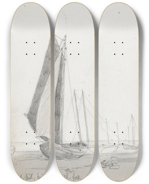 Triptych art skateboard deck of Hans Gude Seilbter P Stranden Ahlbeck by Hans Gude (1825-1903)
