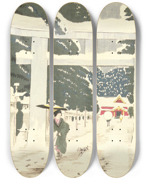 Triptych art skateboard deck of Kobayashi Kiyochika Heavy Snow At Tshg Shrine In Ueno by Kobayashi Kiyochika (1847-1915)