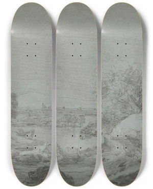 Triptych art skateboard deck of Nicholas Thomas Dall Landscape With Castle by Nicholas Thomas Dall