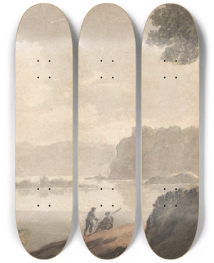 Triptych art skateboard deck of Robert Adam Figures In A Lakeside Romantic Landscape by Robert Adam (1728-1792)