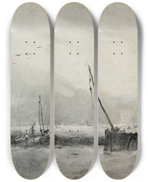 Triptych art skateboard deck of William Mulready Vessels In A Squall Off The Coast by William Mulready (1786-1863)