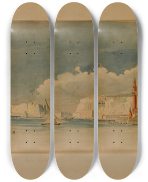 Triptych art skateboard deck of Miner Kilbourne Kellogg Naples From The Moli by Miner Kilbourne Kellogg (1814-1889)