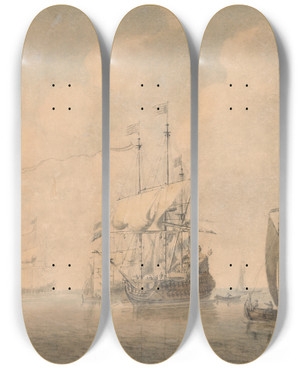 Triptych art skateboard deck of Dominic Serres Warships Preparing To Sail From Their Anchorage by Dominic Serres (1722-1793)