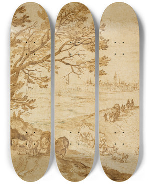 Triptych art skateboard deck of Jan Brueghel The Elder Landschaft Mit Blick Auf Antwerpen by Jan Brueghel The Elder (1568-1625)