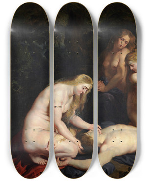 Triptych art skateboard deck of Peter Paul Rubens The Death Of Adonis With Venus Cupid And The Three Graces by Peter Paul Rubens (1577-1640)