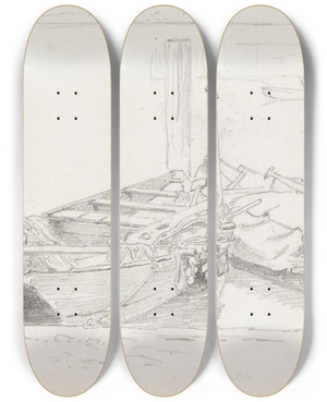 Triptych art skateboard deck of Hans Gude Bt Ved Stranden Berlingen by Hans Gude (1825-1903)