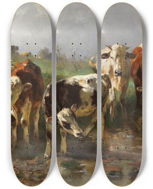Triptych art skateboard deck of Anton Braith Khe Am Wasser by Anton Braith (1836-1905)