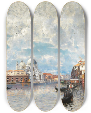 Triptych art skateboard deck of Friedrich Naht Venice A View Of Santa Maria Della Salute by Friedrich Naht (1859-1929)