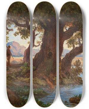 Triptych art skateboard deck of Adrian Ludwig Richter Italienische Flusslandschaft by Adrian Ludwig Richter (1803-1884)