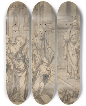 Triptych art skateboard deck of Philippe De Champaigne The Presentation Of The Virgin by Philippe De Champaigne (1602-1674)