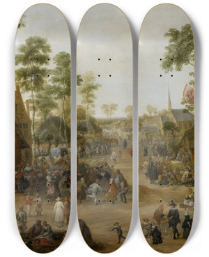 Triptych art skateboard deck of Adriaen Van Stalbemt Village Church Festival by Adriaen Van Stalbemt (1580-1622)