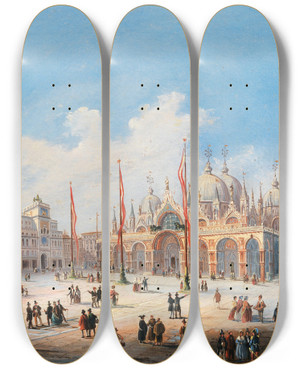 Triptych art skateboard deck of Carlo Grubas Venice St Marks Square by Carlo Grubas (1810-1870)