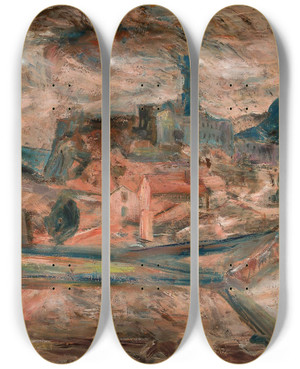 Triptych art skateboard deck of Tadeusz Makowski View Of A Small Town In The Mountains Le Puy by Tadeusz Makowski (1882-1932)