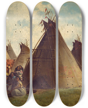 Triptych art skateboard deck of John Mix Stanley Prairie Indian Encampment by John Mix Stanley (1814-1872)